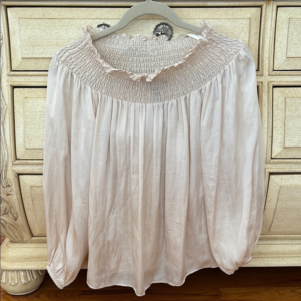 Elegant Cream Blouse with Smocked Neckline